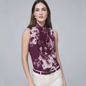 🆕WHBM Floral Purple High‎ Neck Ruffle Sleeveless Shell Blouse